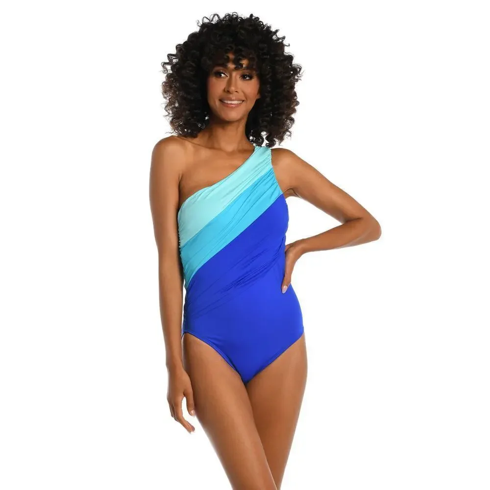 La Blanca Island Goddess Ruched One-Shoulder Swimsuit Ice Blue Size 14 NWT